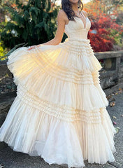 A-Line V-Neck Floor-Length Prom Dress with Tulle Ruffle-27dress