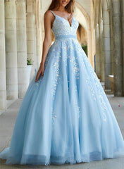 A-Line V-Neck Floor-Length Tulle Blue Prom Dress with Sequins-27dress