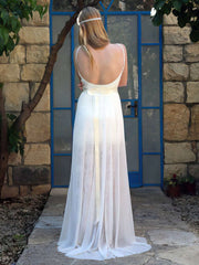 A-Line V-Neck Lace Chiffon Sweep Train Wedding Dress with Sashes and Ribbons