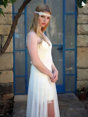 A-Line V-Neck Lace Chiffon Sweep Train Wedding Dress with Sashes and Ribbons