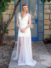 A-Line V-Neck Lace Chiffon Sweep Train Wedding Dress with Sashes and Ribbons