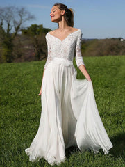 A-line V-neck Lace Chiffon Wedding Dress with Sashes and Sweep Train