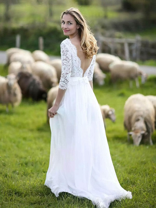 A-line V-neck Lace Chiffon Wedding Dress with Sashes and Sweep Train