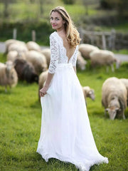 A-line V-neck Lace Chiffon Wedding Dress with Sashes and Sweep Train