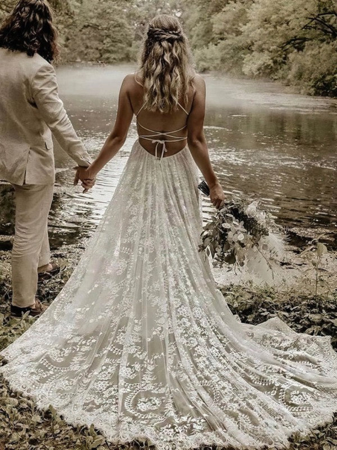 A-line V-neck Lace Court Train Wedding Dress