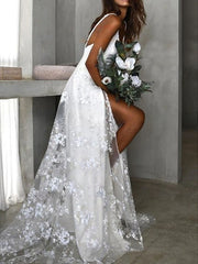 A-Line V-Neck Lace Sweep Train Wedding Dress with Split Front