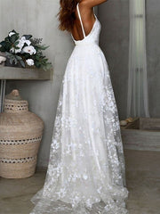 A-Line V-Neck Lace Sweep Train Wedding Dress with Split Front