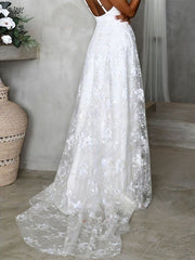 A-Line V-Neck Lace Sweep Train Wedding Dress with Split Front