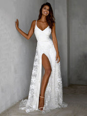 A-Line V-Neck Lace Sweep Train Wedding Dress with Split Front