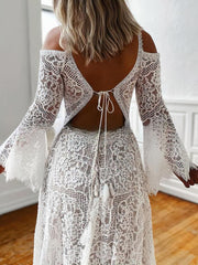 A-line V-neck Lace Sweep Train Wedding Dresses