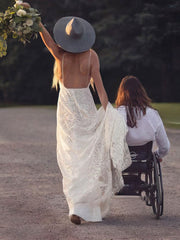 A-line V-neck Lace Sweep Train Wedding Dresses With Split Front