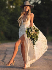 A-line V-neck Lace Sweep Train Wedding Dresses With Split Front