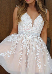 A-line V Neck Lace Tulle Short Homecoming Dress With Appliqued Beading-27dress