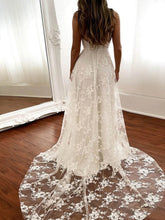 A-line V-neck Lace Wedding Dresses With Split Front and Sweep Train