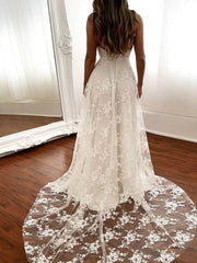 A-line V-neck Lace Wedding Dresses With Split Front and Sweep Train