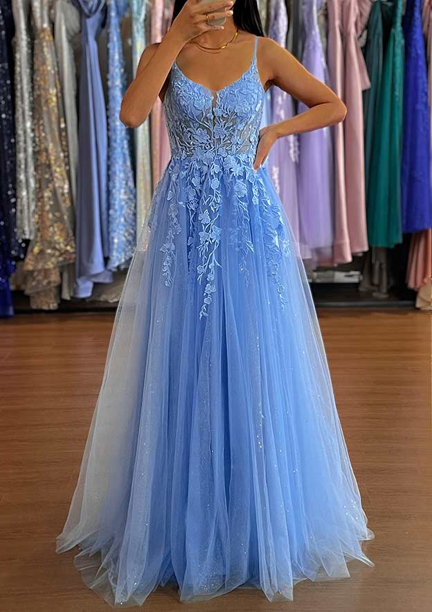 A-line V Neck Long/Floor-Length Tulle Prom Dress with Split Glitter Sparkles-27dress