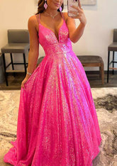 A-line V Neck Prom Dress with Sequins and Sweep Train-27dress