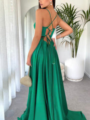A-line V-neck Satin Split Front Prom Dresses with Sweeping Train