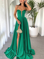 A-line V-neck Satin Split Front Prom Dresses with Sweeping Train