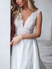 A-line V-neck Satin Sweep Train Wedding Dress With Appliques Lace