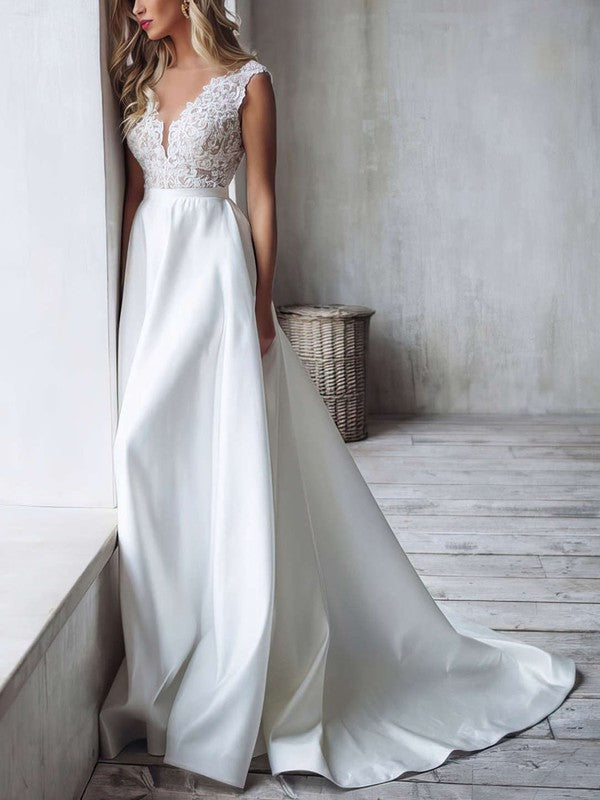 A-line V-neck Satin Sweep Train Wedding Dress With Appliques Lace