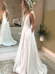 A-line V-Neck Satin Sweep Train Wedding Dress With Pockets