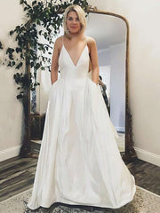 A-line V-Neck Satin Sweep Train Wedding Dress With Pockets