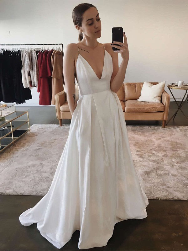 A-line V-Neck Satin Sweep Train Wedding Dress With Pockets
