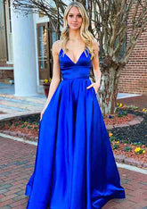 A-line V Neck Sleeveless Charmeuse Long/Floor-Length Prom Dress With Pockets-27dress