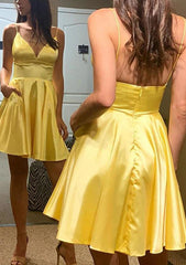 A-line V Neck Sleeveless Charmeuse Short/Mini Homecoming Dresses With Pockets-27dress