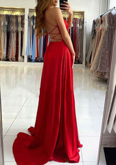 A-line V Neck Sleeveless Charmeuse Sweep Train Prom Dress With Split-27dress