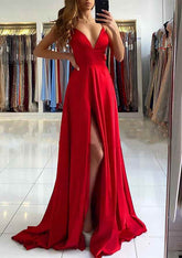A-line V Neck Sleeveless Charmeuse Sweep Train Prom Dress With Split-27dress