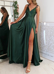 A-Line V-neck Sleeveless Elastic Satin Prom Dress With Split Front and Sweep Train-27dress
