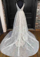 A-line V Neck Sleeveless Lace Court Train Prom Dress With Pleated Detail-27dress