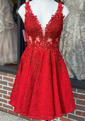 A-Line V-Neck Sleeveless Lace Homecoming Dress with Beading-27dress