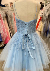 A-line V Neck Sleeveless Lace Tulle Satin Short/Mini Homecoming Dress with Appliqued Sequins-27dress