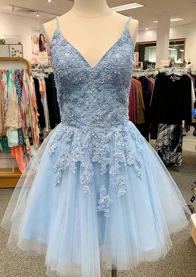 A-line V Neck Sleeveless Lace Tulle Satin Short/Mini Homecoming Dress with Appliqued Sequins-27dress