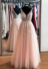 A-line V Neck Sleeveless Long Prom Dress With Glitter Appliques-27dress