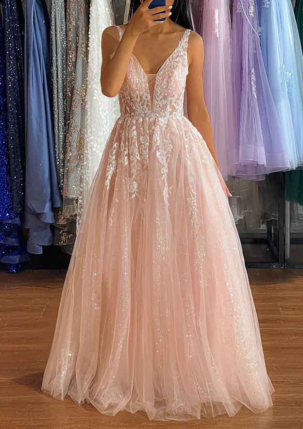A-line V Neck Sleeveless Long Prom Dress With Glitter Appliques-27dress