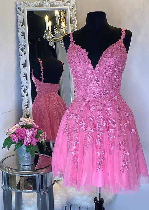 A-Line V-Neck Sleeveless Mini Tulle Homecoming Dress with Appliqued Beading - 27Dress
