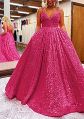 A-Line V-Neck Sleeveless Prom Dress with Sequins and Pockets-27dress