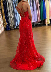 A-line V Neck Sleeveless Prom Dress with Sequins Split and Sweep Train Tulle-27dress