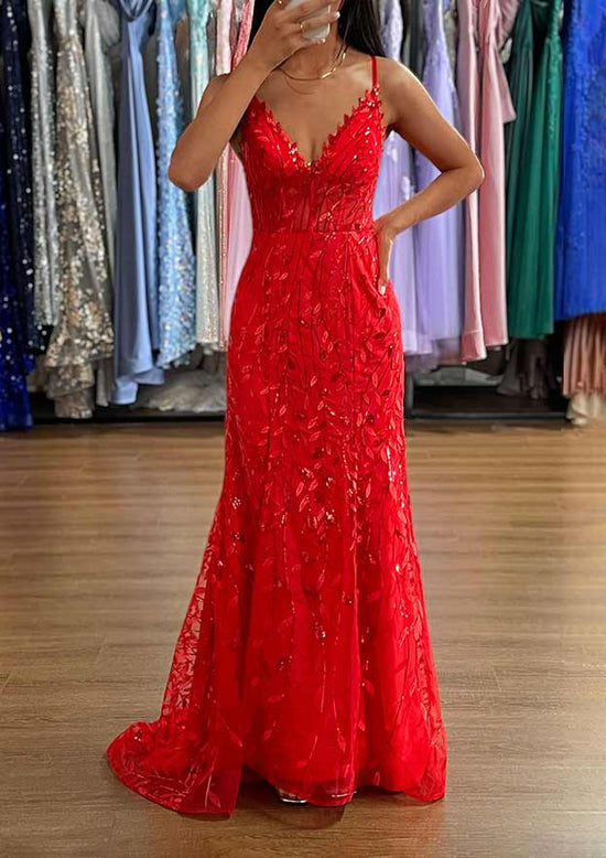 A-line V Neck Sleeveless Prom Dress with Sequins Split and Sweep Train Tulle-27dress