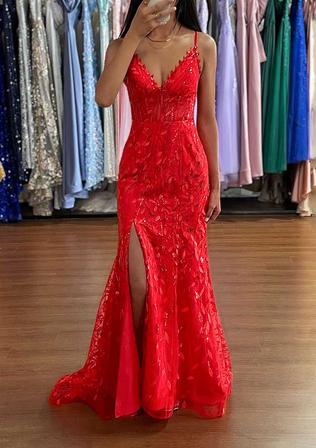 A-line V Neck Sleeveless Prom Dress with Sequins Split and Sweep Train Tulle-27dress