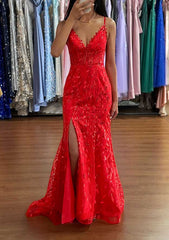A-line V Neck Sleeveless Prom Dress with Sequins Split and Sweep Train Tulle-27dress