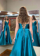 A-line V Neck Sleeveless Satin Long/Floor-Length Prom Dress With Pockets Split-27dress