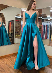 A-line V Neck Sleeveless Satin Long/Floor-Length Prom Dress With Pockets Split-27dress