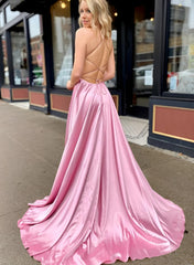 A-Line V-Neck Sleeveless Satin Prom Dress With Pockets-27dress