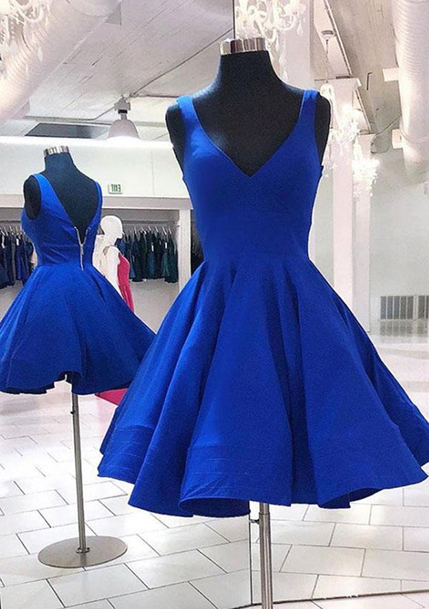 A-line V Neck Sleeveless Satin Short Dress for Homecoming - 27Dress