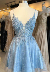 A-line V Neck Sleeveless Short/Mini Tulle Homecoming Dress with Appliqued Beading Glitter - 27Dress